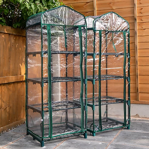 2 PACK Of Outdoor Garden Mini Greenhouse 141cm Tall With 4 Shelves Green House, Waterproof Transparent PVC Cover Roll Up Zip Door 3 2 PACK Of Outdoor Garden Mini Greenhouse 141cm Tall With 4 Shelves Green House, Waterproof Transparent PVC Cover Roll Up Zip Door