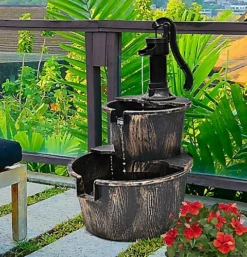 2 Tier Garden Wooden Effect Plastic Barrel Water Fountain Pump Cascading Feature -Leaf Shop 2 tier garden wooden effect plastic barrel water fountain pump cascading feature5057102008644 04c MP