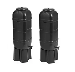 2 X Slimline 100L Black Water Butt With Stand & Filler Pipe