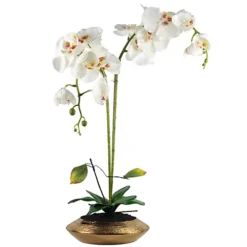 Leaf 70cm Artificial Orchid White With Gold Dish Ceramic Planter