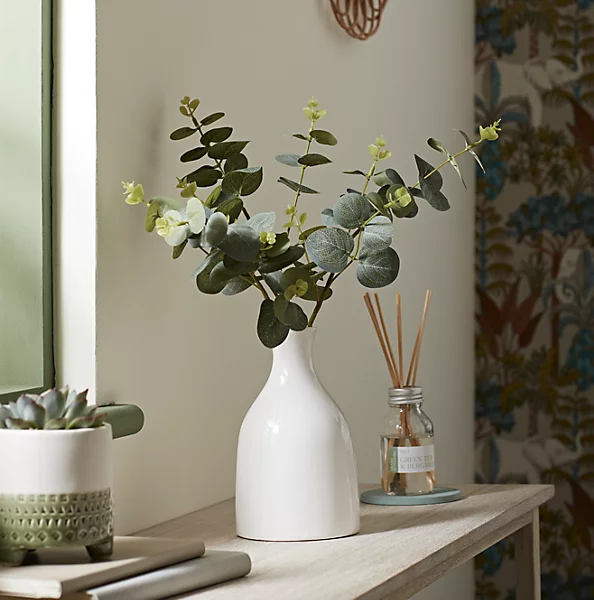Leaf Shop -Leaf Shop candlelight green 25cm eucalyptus stems artificial plant in natural ceramic bottle vase5010795682676 01i