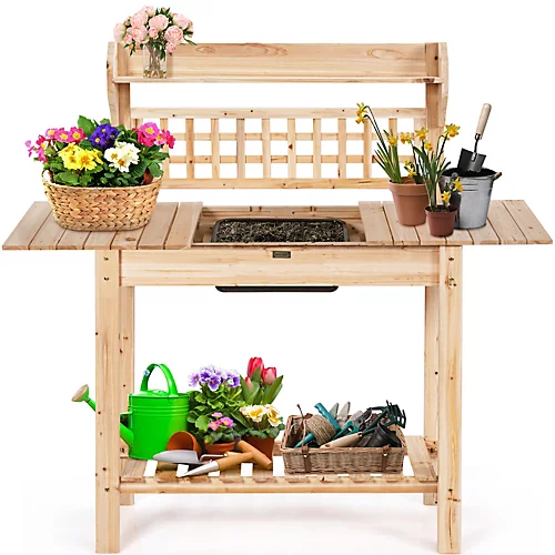 Costway Wooden Garden Potting Table Backyard Patio Balcony Workbench 4 Costway Wooden Garden Potting Table Backyard Patio Balcony Workbench - Image 2