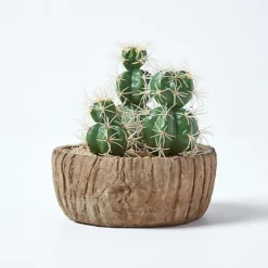 Homescapes Echinocactus Artificial Cactus In Round Wooden Planter, 15 Cm Tall