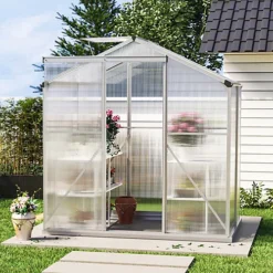 Livingandhome 6 X 4 Ft Polycarbonate Greenhouse Aluminium Frame Garden Green House With Base Foundation,Silver