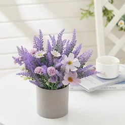 Livingandhome Artificial Lavender Potted Purple Flower Rustic Wood Planter Tabletop Decor