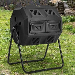 Livingandhome Black 160L Dual Chamber Garden Tumbler Compost Bin Compost Barrel