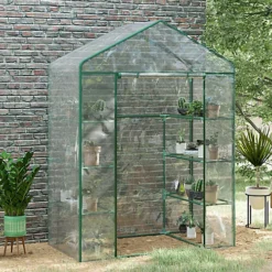 Outsunny Walk In Greenhouse Garden Clear PVC Frame Shelves Reinforced Plant Grow Deep Green Frame