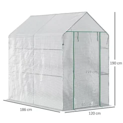 Outsunny Walk In Greenhouse W/Shelves Steeple Grow House 186x 120 X 190cm White -Leaf Shop outsunny walk in greenhouse w shelves steeple grow house 186x 120 x 190cm white5056534539467 03c MP