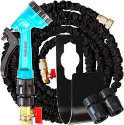 Simpa 75ft Expandable Garden Hose Set: Inc 5 Dial Spray Gun And Hose Holder