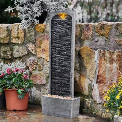 Teamson Home Garden Outdoor Water Feature, Large Straight Tall Water Fountain, Waterfall Design, With LED Lights, Slate Effect