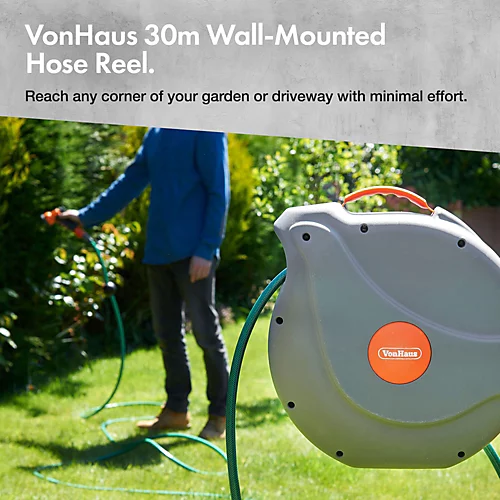 VonHaus Hose Reel, 30m Wall Mounted Hose Reel For Garden, Retractable Hose Reel Auto Rewind, Includes Wall Fixings, 180 Pivot 4 VonHaus Hose Reel, 30m Wall Mounted Hose Reel For Garden, Retractable Hose Reel Auto Rewind, Includes Wall Fixings, 180 Pivot - Image 2